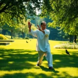 Une personne pratiquant le tai-chi dans un parc verdoyant, évoquant le bien-être et la relaxation.
