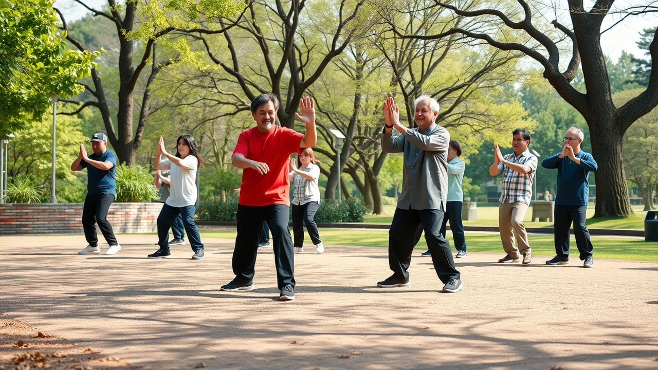 groupe de personnes pratiquant le tai-chi dans un parc