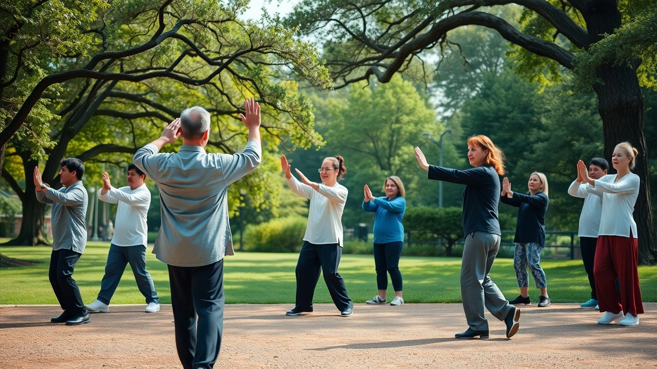 pratique de tai-chi dans un parc lumineux
