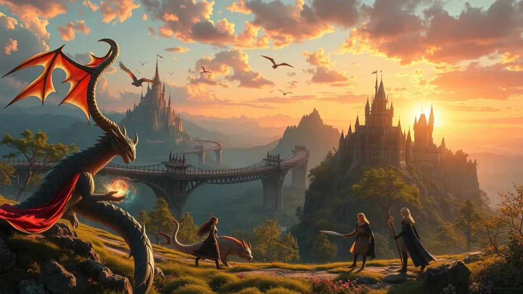 Une illustration de tendances des séries de fantasy en 2023 avec des créatures mythiques et des paysages enchanteurs.