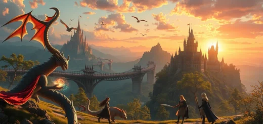 Une illustration de tendances des séries de fantasy en 2023 avec des créatures mythiques et des paysages enchanteurs.