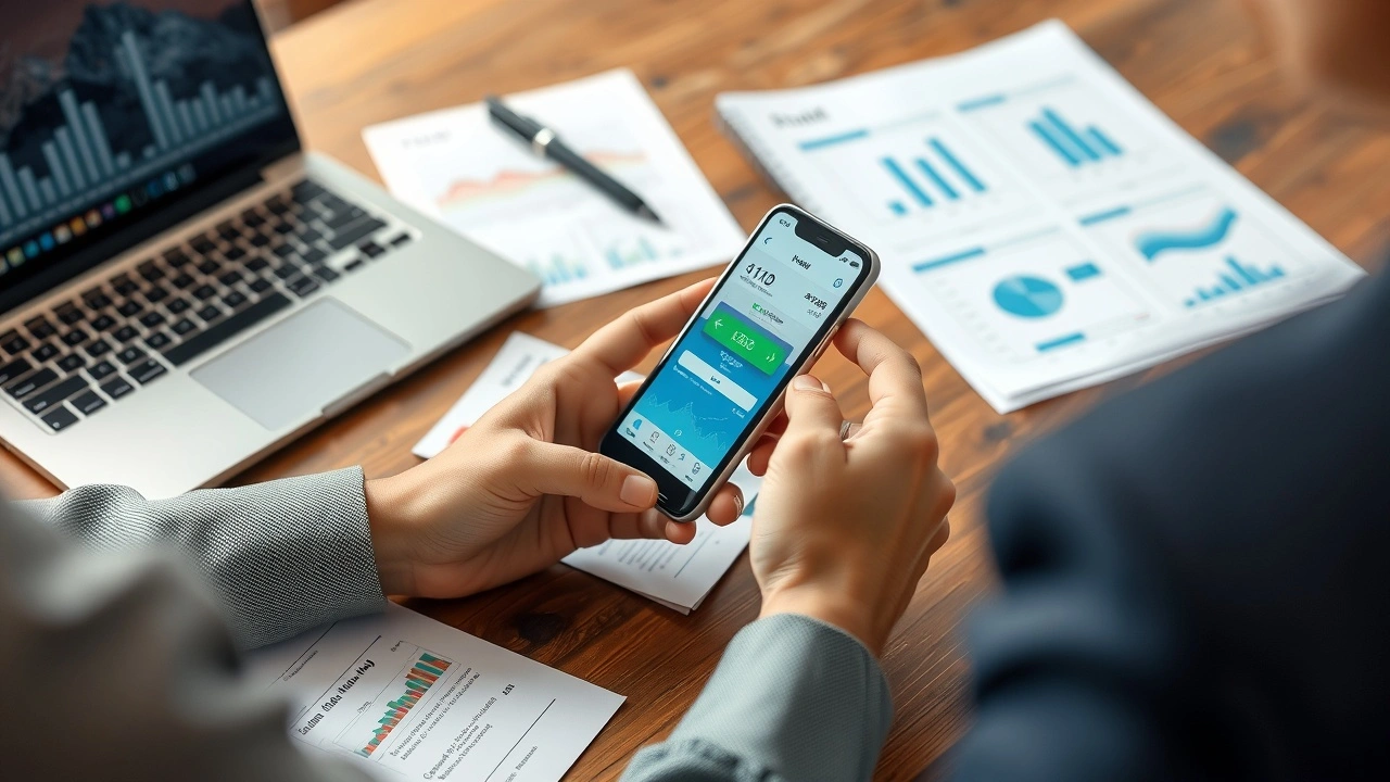 person utilisant une application financière sur un smartphone