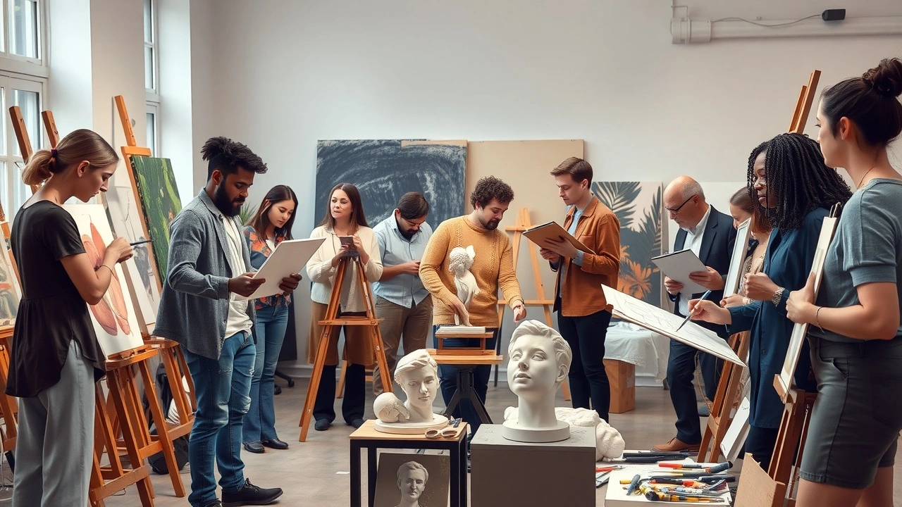 groupe de personnes créant des œuvres d'art ensemble