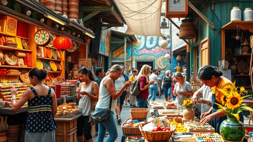 Une scène vibrante illustrant l'art de voyager à travers les arts et la culture locale.