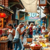 Une scène vibrante illustrant l'art de voyager à travers les arts et la culture locale.