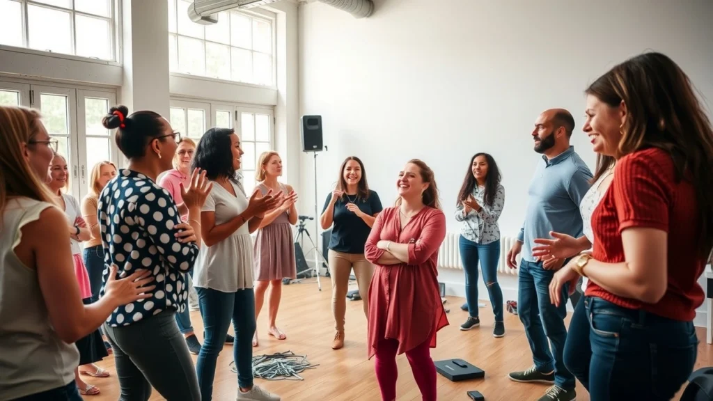Une scène d'atelier d'improvisation théâtrale avec des participants enthousiastes exprimant leur créativité.