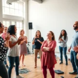 Une scène d'atelier d'improvisation théâtrale avec des participants enthousiastes exprimant leur créativité.