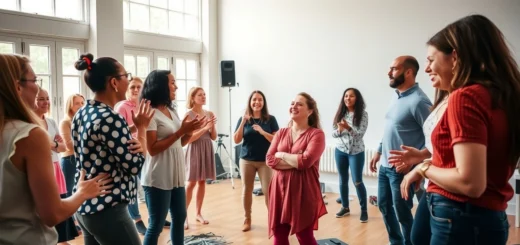 Une scène d'atelier d'improvisation théâtrale avec des participants enthousiastes exprimant leur créativité.