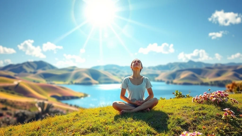 Une scène sereine illustrant le bien-être émotionnel avec des techniques de visualisation positive.