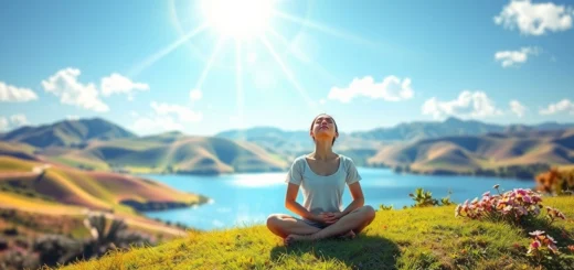 Une scène sereine illustrant le bien-être émotionnel avec des techniques de visualisation positive.