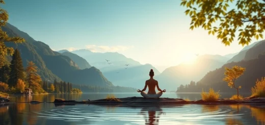 Une personne méditant au bord d'un lac tranquille, entourée de verdure et de montagnes, illustrant la connexion avec soi-même.