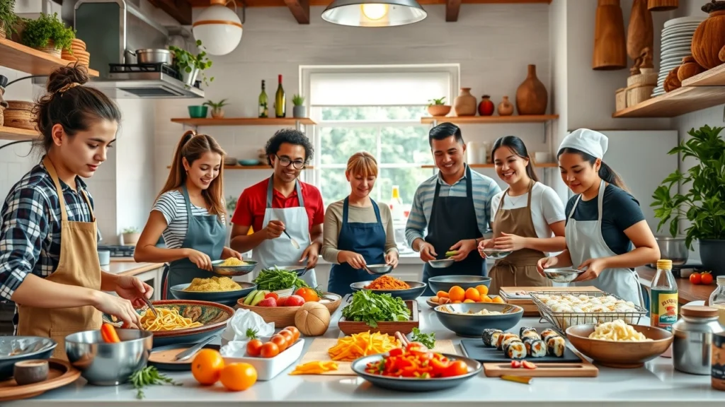 Un magnifique cadre de cuisine illustrant des cours de cuisine du monde entier avec des participants engagés.