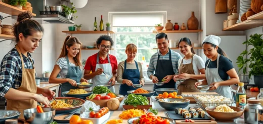 Un magnifique cadre de cuisine illustrant des cours de cuisine du monde entier avec des participants engagés.