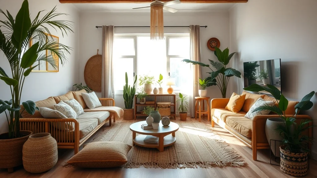 Une pièce de vie avec des accessoires écoresponsables en décoration intérieure.