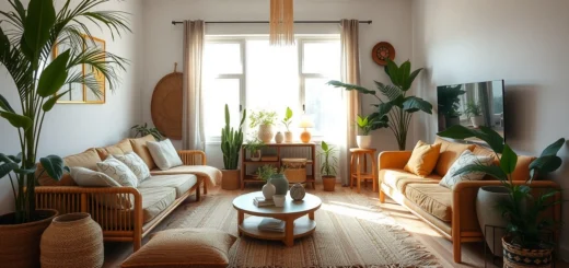 Une pièce de vie avec des accessoires écoresponsables en décoration intérieure.