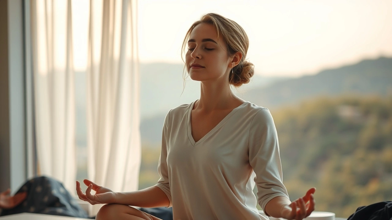 femme sereine pratiquant la visualisation dans un cadre paisible