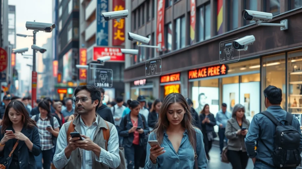 Une scène illustrant les impacts des technologies de reconnaissance faciale sur la vie quotidienne et les droits privés.