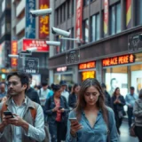 Une scène illustrant les impacts des technologies de reconnaissance faciale sur la vie quotidienne et les droits privés.