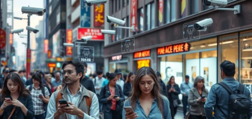 Une scène illustrant les impacts des technologies de reconnaissance faciale sur la vie quotidienne et les droits privés.