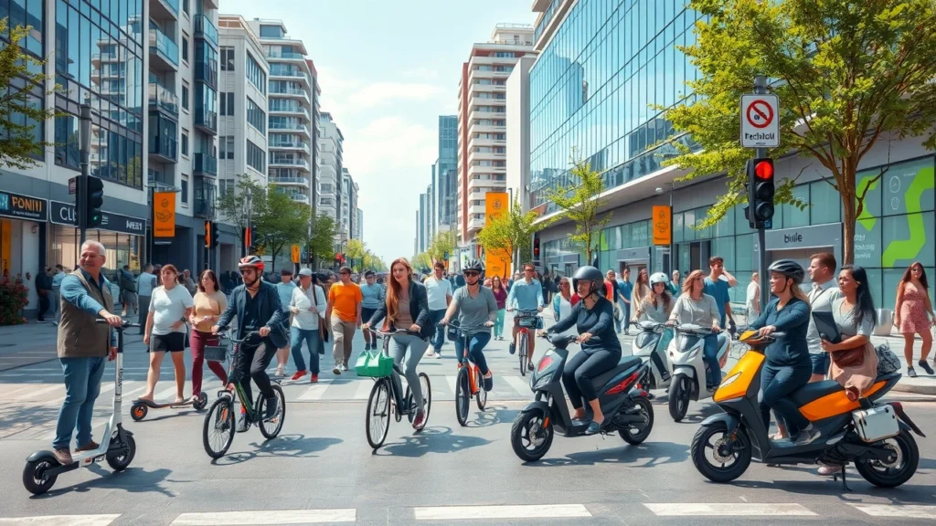 Une scène urbaine montrant des scooters electriques et des bicycles dans un environnement animé.
