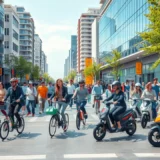 Une scène urbaine montrant des scooters electriques et des bicycles dans un environnement animé.