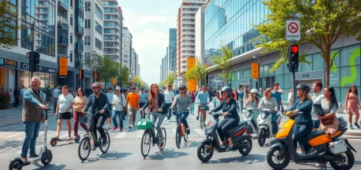 Une scène urbaine montrant des scooters electriques et des bicycles dans un environnement animé.