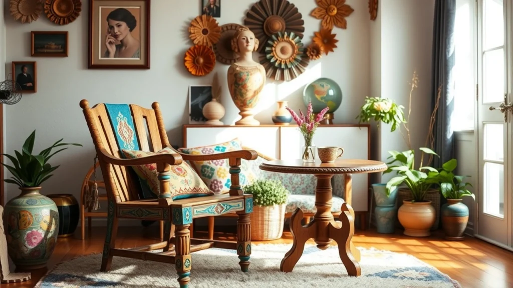 Une chaise vintage restaurée avec un tableau dans une pièce ensoleillée.