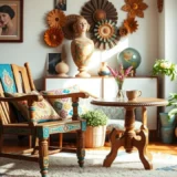 Une chaise vintage restaurée avec un tableau dans une pièce ensoleillée.