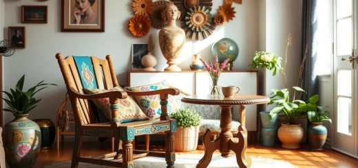 Une chaise vintage restaurée avec un tableau dans une pièce ensoleillée.