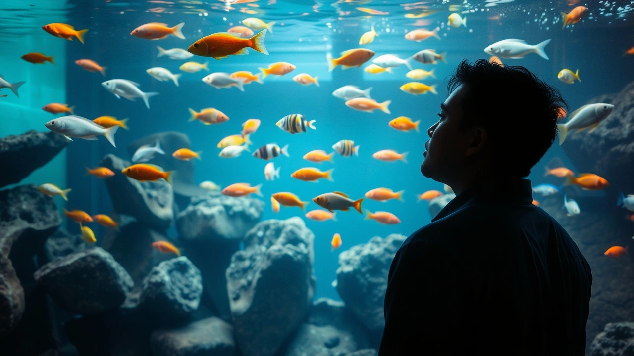 person regardant un aquarium paisiblement