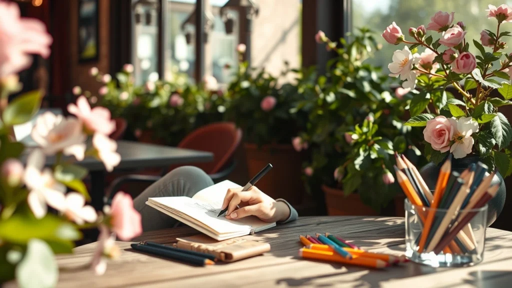 Une personne dessinant dans un café en plein air, entourée de nature et de fournitures d'art.