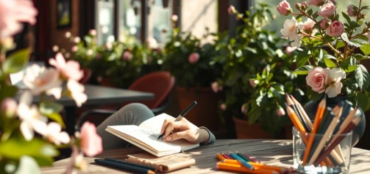 Une personne dessinant dans un café en plein air, entourée de nature et de fournitures d'art.