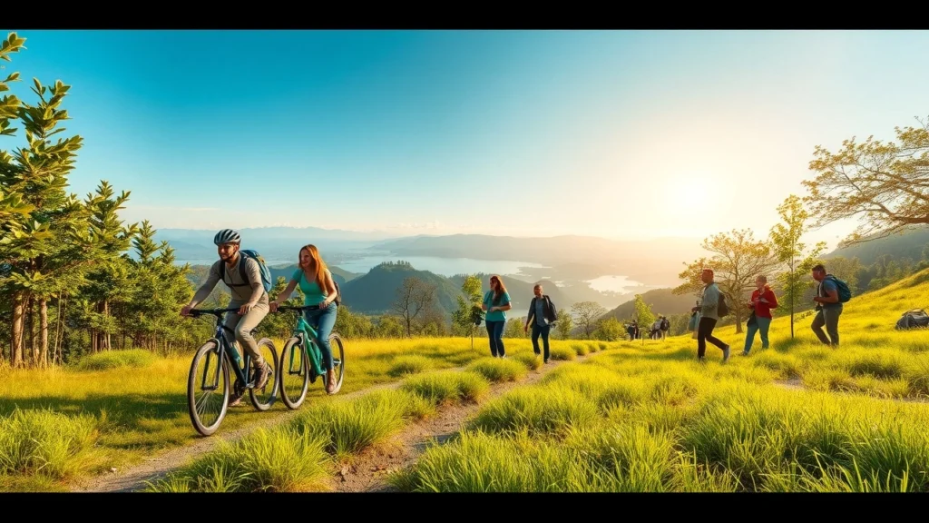 Une image illustrant des pratiques de voyage écoresponsables avec des voyageurs dans un paysage naturel.