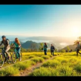 Une image illustrant des pratiques de voyage écoresponsables avec des voyageurs dans un paysage naturel.