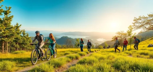 Une image illustrant des pratiques de voyage écoresponsables avec des voyageurs dans un paysage naturel.