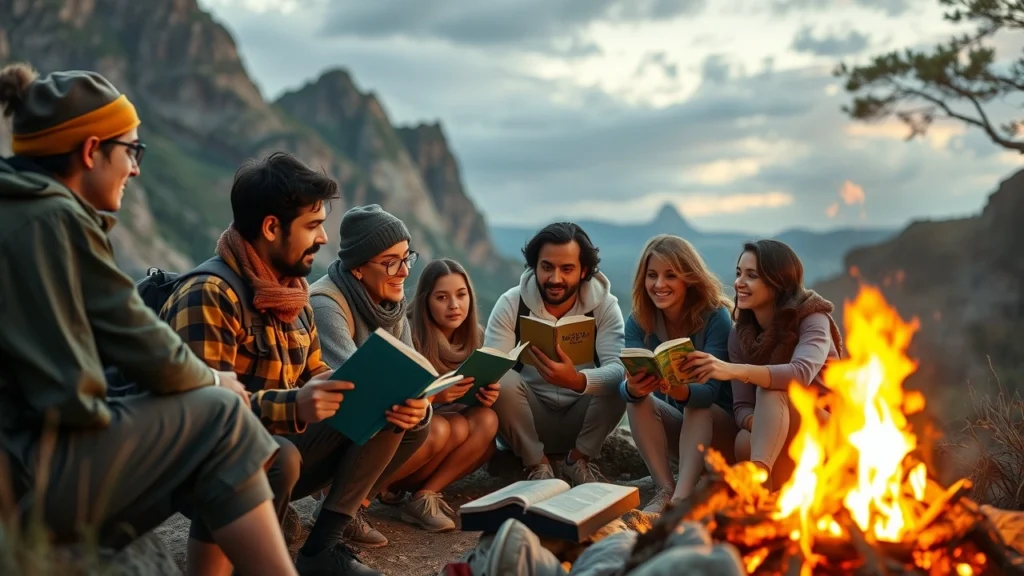 Un groupe divers de voyageurs partageant des histoires autour d'un feu de camp dans la nature.