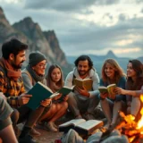 Un groupe divers de voyageurs partageant des histoires autour d'un feu de camp dans la nature.