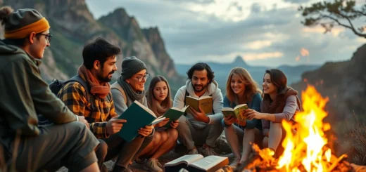 Un groupe divers de voyageurs partageant des histoires autour d'un feu de camp dans la nature.