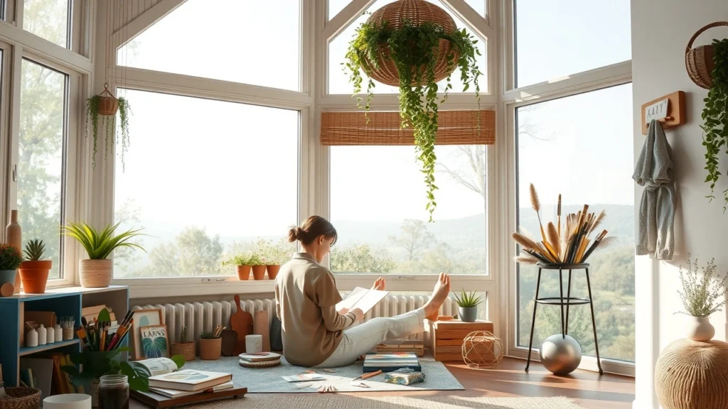Un espace intérieur serein illustrant des rituels de gratitude créatifs.