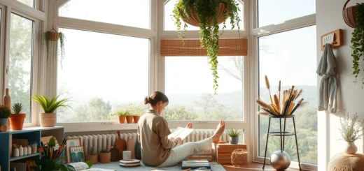Un espace intérieur serein illustrant des rituels de gratitude créatifs.