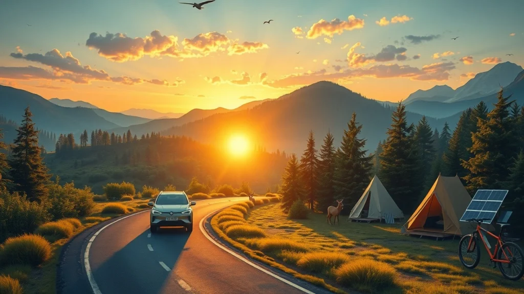 Un paysage de road trip ecoresponsable avec une voiture electrique au coucher du soleil.