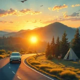 Un paysage de road trip ecoresponsable avec une voiture electrique au coucher du soleil.