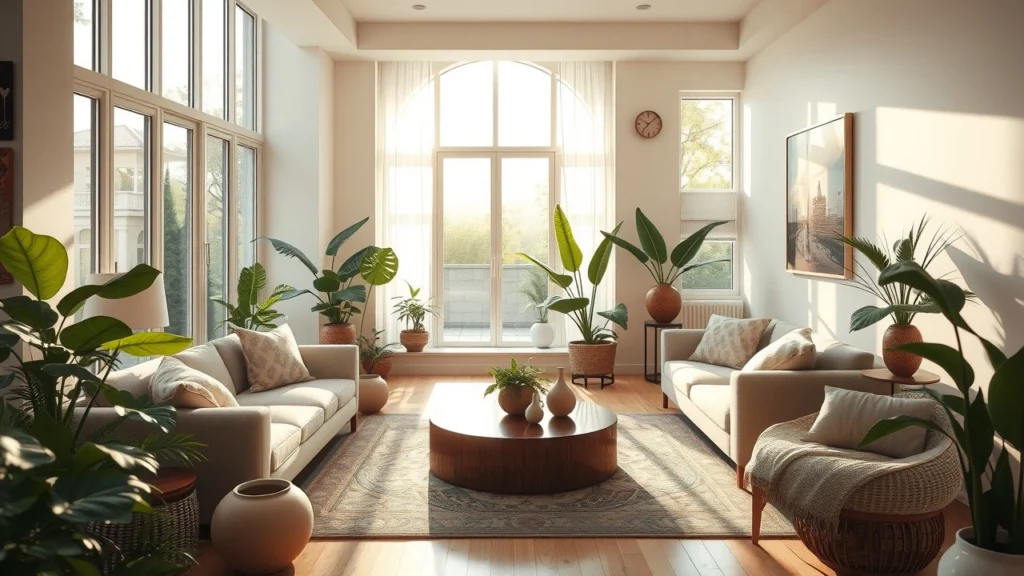 Un salon serein conçu selon les principes du feng shui, avec des couleurs harmonieuses et une ambiance de bien-être.