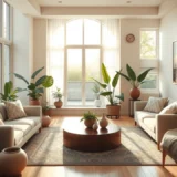 Un salon serein conçu selon les principes du feng shui, avec des couleurs harmonieuses et une ambiance de bien-être.