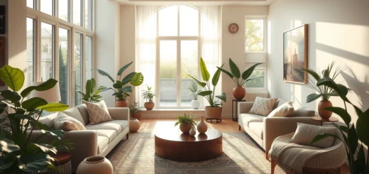 Un salon serein conçu selon les principes du feng shui, avec des couleurs harmonieuses et une ambiance de bien-être.