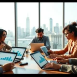 Groupe de personnes analysant des simulations financières pour planifier leur avenir économique.