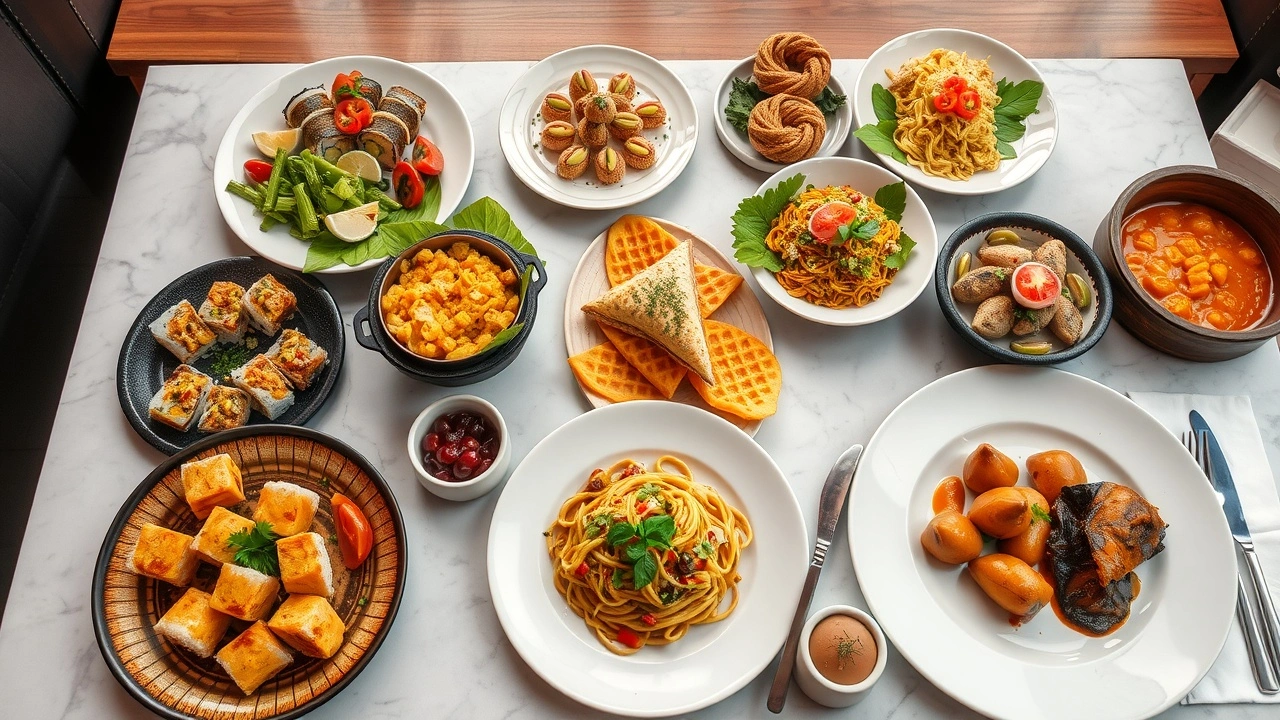 table avec des plats internationaux et des desserts