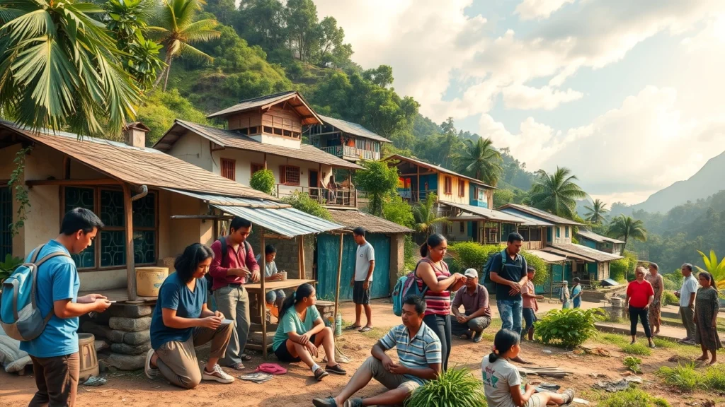 Une scène illustrant des volontaires internationaux en action, montrant l'enrichissement culturel et l'engagement communautaire.
