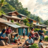 Une scène illustrant des volontaires internationaux en action, montrant l'enrichissement culturel et l'engagement communautaire.