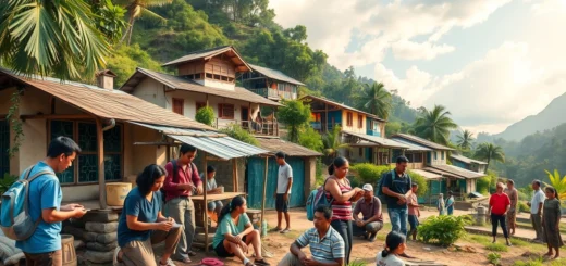 Une scène illustrant des volontaires internationaux en action, montrant l'enrichissement culturel et l'engagement communautaire.
